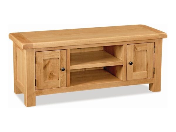 Medium sized oak tv unit with 2 doors and 2 open shelves
