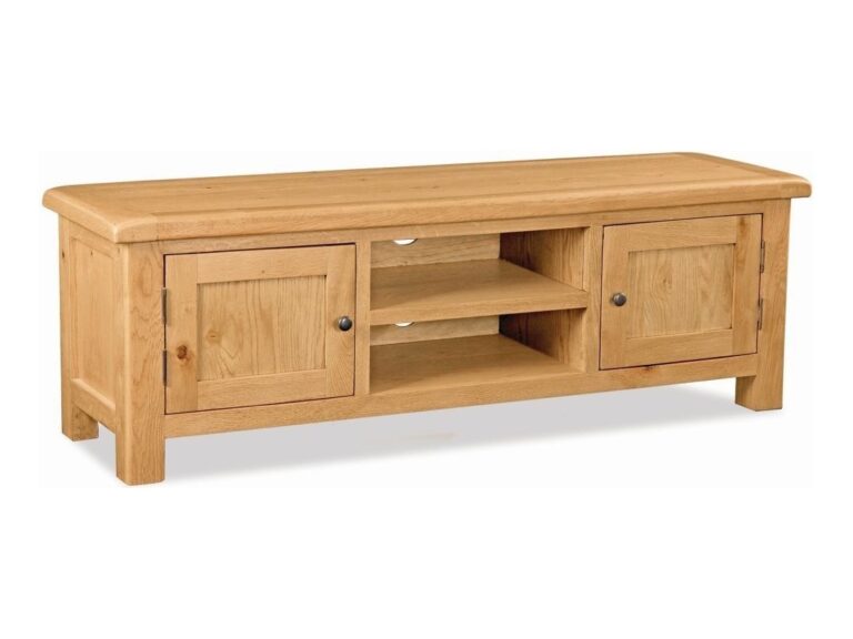 Wide oak tv unit with two doors and 2 open shelves