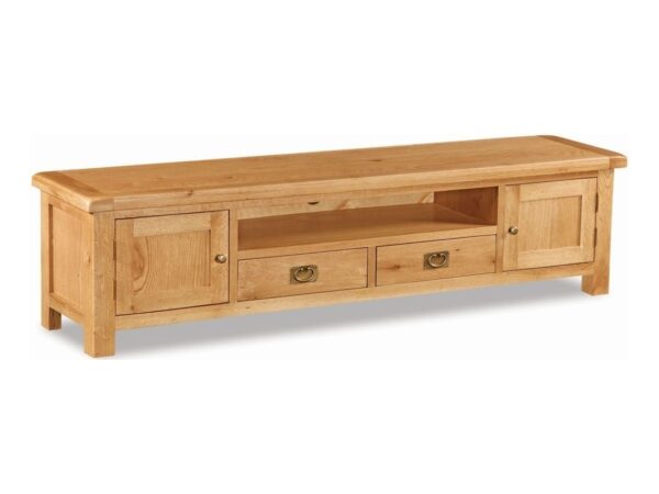 Wide oak tv unit with open shelf, 2 drawers and 2 doors