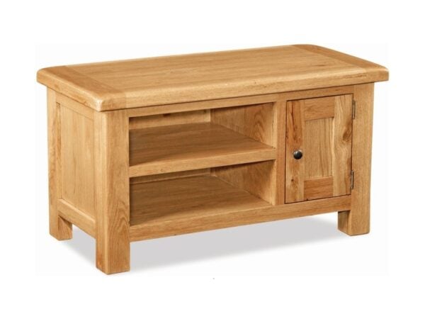 Small oak tv unit with single door and 2 open shelves