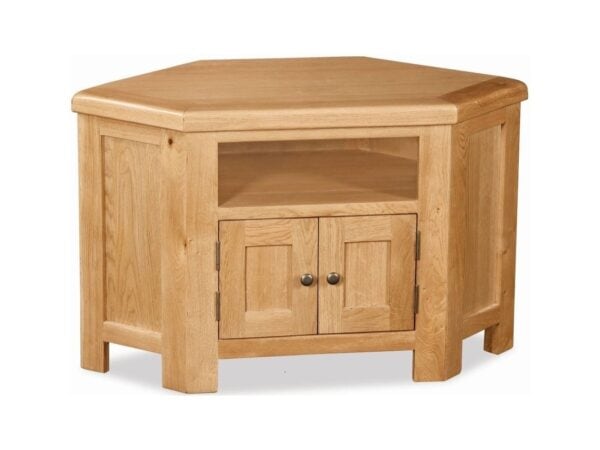 Oak corner tv unit with open shelf and 2 small doors
