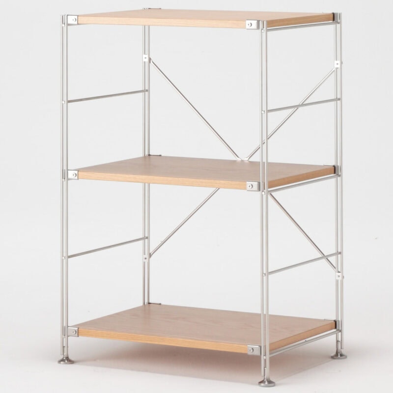 Steel modular shelf unit with 3 oak veneer shelves