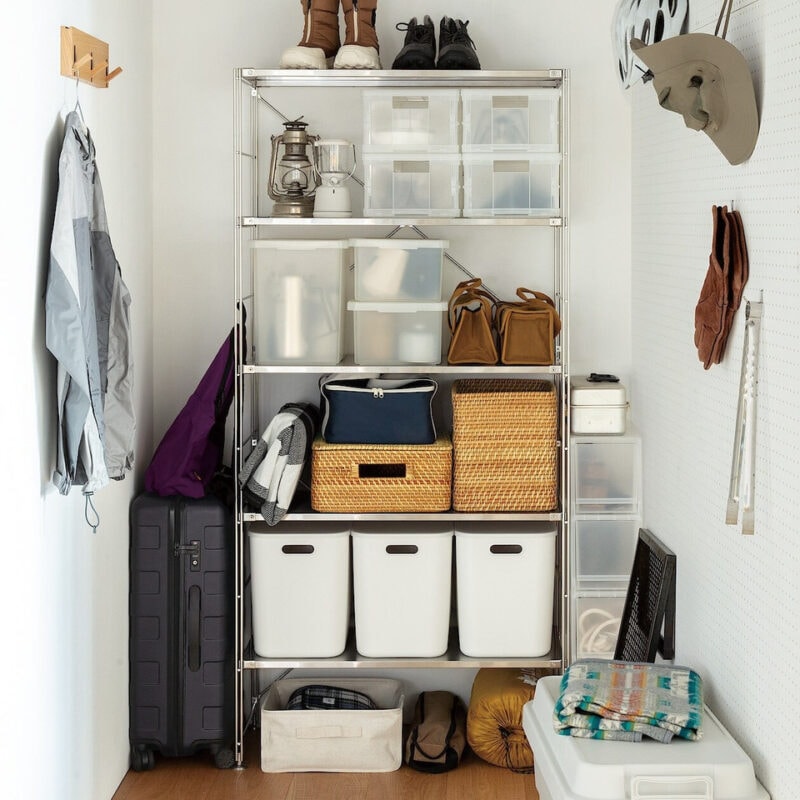 Tall modular steel and pine shelving unit