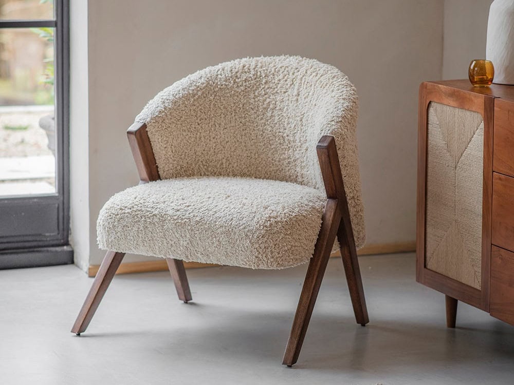 Scoop Armchair ftr White boucle chair with dark wood frame